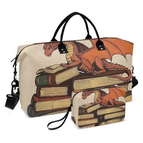 Travel Duffel Bag Orange Dragon Books Gym Bag Sports Tote Bag with Multiple Interior Pockets Shoulder Weekender Bag for Women Men with Toiletry Bag 20.5”x 7.9”x 13.8