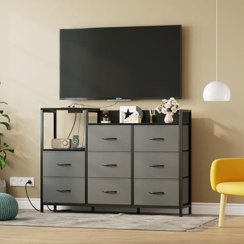 Image of DUMOS TV Stand Dresser with 8 Fabric Drawers & Open Shelves, TV Stand with Wooden Top, Entertainment Center with Charging Station for Living Room, Hallway, Grey