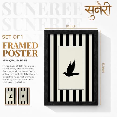 Image of Suneree Flying Birds Wall Art Set of 2 Framed Paintings | Black White Striped Minimal Bird Silhouette Poster | Living Room Bedroom Home Decor (Art 13, 10x13 Inches, Black)