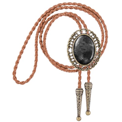 Image of Jeilwiy Bolo Tie for Men Real Stone Westwern Cowboy Ties Silver Bolos Women Leather Necktie Gift for Birthday Christmas