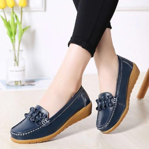 Image of Women's Genuine Leather Platform Loafers Classic Casual Comfort Slip-On Shoes Soft Sole Dress Shoes