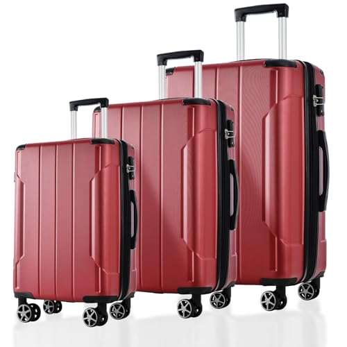 3-Piece Expandable Hard Shell Luggage Set - Lightweight ABS Suitcases with Approved Lock (20/24/28 inch, Red) - Main Image