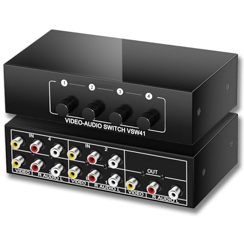 FlyroadUp RCA AV Switch 4 in 1 Out Composite Video Switcher L/R Audio Selector Box