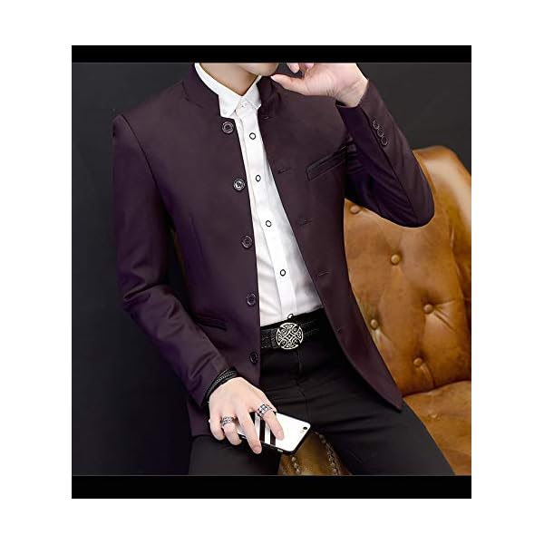 Men's Chinese Tunic Suits Mandarin Collar Formal Jacket Slim Fit Front Button Blazer Traditional Uniform Groom Dress (Wine Red, XL), Wine - Image 6