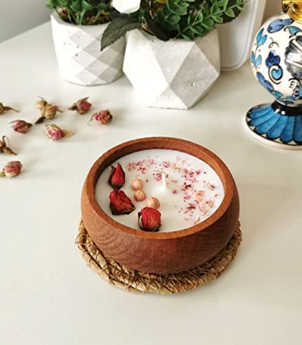 Spring Scented Handmade All Natural Soy Candle - 10X3 Cm Decorative Wooden Bowl With Dried Flowers & Wicker Mat By Pafuli #TOP2