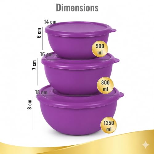 Image of Zaib Stainless Steel Microsafe Mixing Bowl Set with Lid, Purple, Set of 3 | Kitchen Food Storage, Serving & Reheating | Steel Inside Plastic Outside | Stackable (Classic Purple)