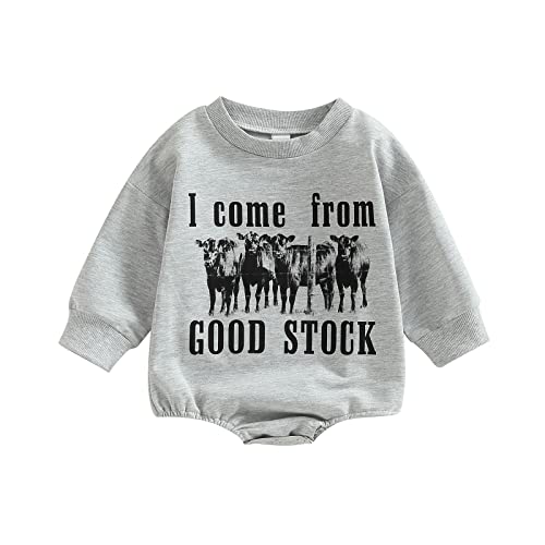 Image of Hnyenmcko Western Baby Boy Girls Clothes Newborn Infant Cow Print Sweatshirt Romper Oversized Long Sleeve Bodysuit Fall Outfit (C-Grey I Come from Good Stock, 3-6 Months)