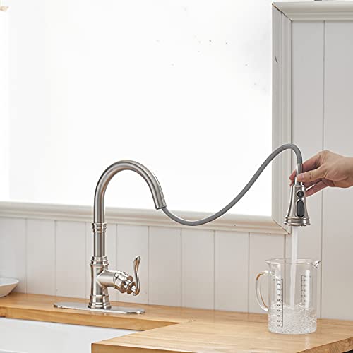 Bathfinesse Kitchen Sink Faucet Brushed Nickel With Pull Down Sprayer 3 Mode Faucet For Kitchen Sink Single Handle High Arc Commercial Stainless Steel Pull Out Rv Kitchen Faucet Bar,Deck Plate Include #TOP2