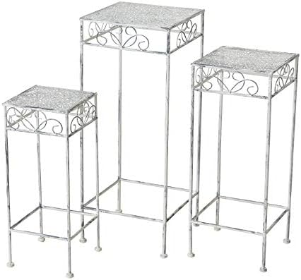 Farmers Favorite Plant Stand Square Tables, Set of 3, Shabby White Finish over Grey Iron, Knob Bottom Legs, Scrolled and Floral Details, Weather Resistant, 27, 23, 20 Inches Tall