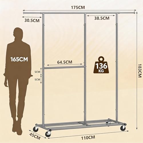 REIBII Clothes Rail, Clothes Rack, Heavy Duty Clothes Rail on Wheels, Clothes Rails for Bedroom, Black Clothing Rail with Extendable Hanging Rail, Adjustable Width 110-150cm, 136kg Capacity - Image 3