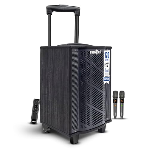 Image of FRONTECH Nocturn Trolley Speaker | 120W Powerful Sound | Dual Wireless Microphones | USB /TF /Bluetooth /FM | Guitar & MIC Input | Rechargeable Battery (SW-0210, Black)