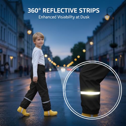 RJVZVEJH Kids Waterproof Trousers, Lightweight Rain Overtrousers for Boys Girls 5-12 Years, Reflective Strips, Mud-Proof Play Pants for School Outdoor Cycling Puddle Jumping Black - Image 4