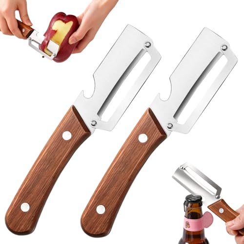 LTFIOON Set 2 Pelapatate Cucina Professionale Multifunzione 2 in 1, Pelapatate Multifunzionale per Cucina in Acciaio Inox, Manico in Legno e Apribottiglie, Steel Peeler per Patate, Frutta e Verdura