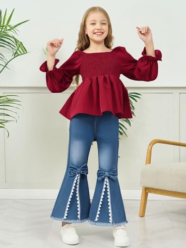 Image of XUANHAO Toddler Girls Clothes Puff Sleeve Smocked Shirt Flare Jeans Pant Outfits for Girl Bell Bottom Kids Girls Clothing Set