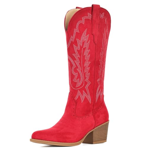 Image of IUV Suede Cowboy Boots For Women Chunky Heel Pointed Toe Cowgirl Boots