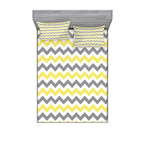 Lunarable Geometric Fitted Sheet & Pillow Sham Set, Horizontal Chevron Pattern Zigzag Endless Simplicity Design Print, Decorative Printed 3 Piece Bedding Decor Set, Queen, Yellow White #TOP14