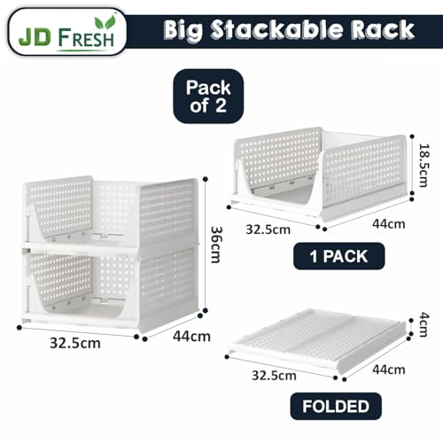 Image of JD FRESH 2 Tier Large Stackable Wardrobe Organizer for Storage /Foldable Cupboard Organizer for Clothes /Polypropylene Multipurpose Space Organiser Rack /Closet Organizer (White)
