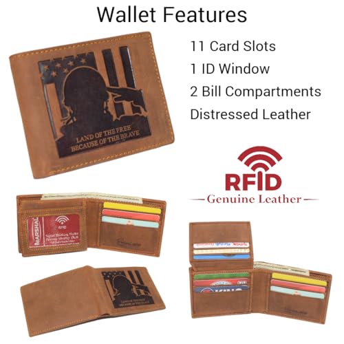 MARSHAL Men's Vintage Genuine Leather RFID Wallet with Military Tribute Design – 'Land of the Free, Because of the Brave' Engraving, Western Style (Tan)2