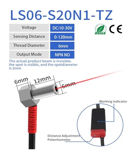 Sensor óptico láser M6 con distancia ajustable de 200mm para detección precisa 3
