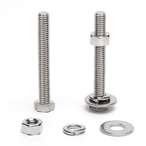 (12 Sets) 5/16-18 x 2-1/2" Hex Head Screw Bolt, Nuts, Flat Washer &amp; Spring Lock Washers, 18-8 (304) Stainless Steel, Fully Threaded, by Skvltvfyt
