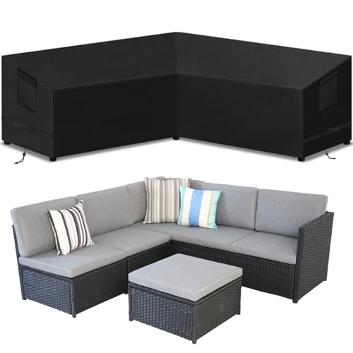 SIRUITON Garden V-Shape Furniture Covers waterproof, 420D Oxford Fabric outdoor corner sofa cover, Garden Rattan Sofa Cover with Waterproof Tape (255x255x87cm)