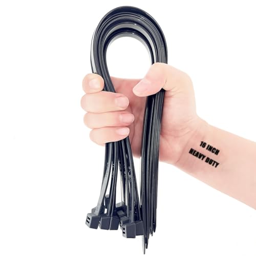 HS Large Zip Ties Extra Heavy Duty 16 Inch 200 Pounds Outdoor Use UV Proof Cable Tie Straps Wide Giant Long Wire Ties 20 Pack Black
