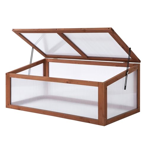 Outsunny Mini serre en bois à semis 100 x 65 x 40 cm avec couvercle, protection UV, translucide, résistante à l'hiver, pour jardin, marron