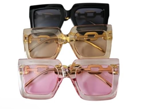 Women's Plastic Fashion Sunglasses 3 Pack, Champagne, Black, and Pink