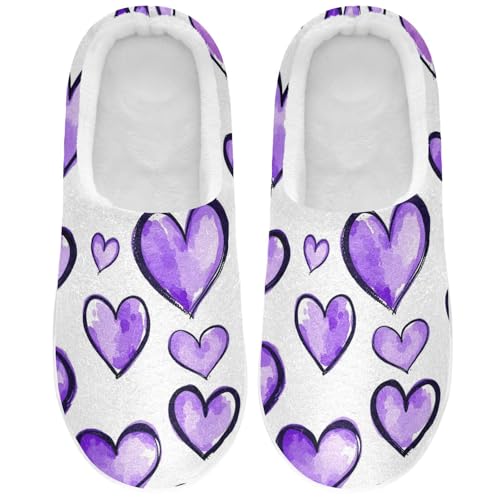 JUNZAN Purple Hearts Watercolor Cartoon Women Cotton Slippers Comfortable Memory Foam Indoor Slippers for Spa Birthday Presents 6-7