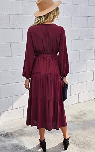 Dress Depot Women V Neck Warp Sexy Long Sleeve Vintage Wine Red Maxi Dress with Belt and Snap L