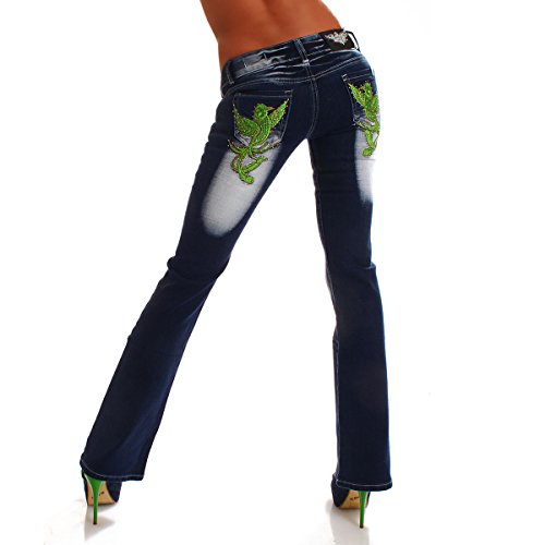 Crazy Age Damen Jeanshose mit neongrünem Phönix Schlaghose Bootcut (34)