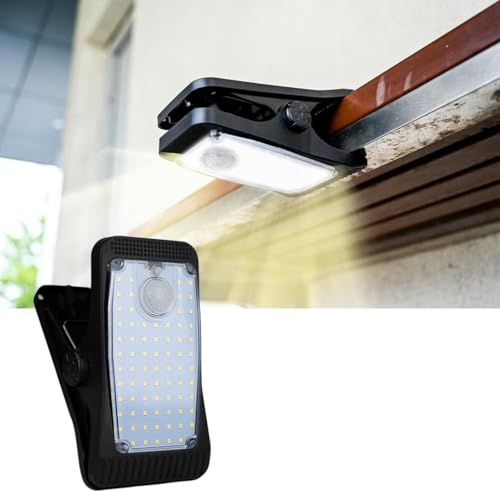 Hojalis Luz Solar Exterior Con Sensor De Movimiento, 2 Piezas Focos LED Exterior Solares, Luz LED Exteriors Solar Con 3 Modos, USB Y Mando A Distancia, Diseño Clip, Para Jardín, Garaje, Patio