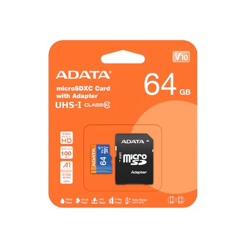 ADATA Premier 64GB MicroSDHC/SDXC UHS-I Class 10 V10 A1 Memory Card with Adapter Read up to 100 MB/s (AUSDX64GUICL10A1-RA1)