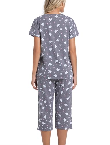 Image of ENJOYNIGHT Womens Pajama Sets Cotton Pj Set Short Sleeve Top With Capri Pants Sleepwear 2 Piece Lounge Set
