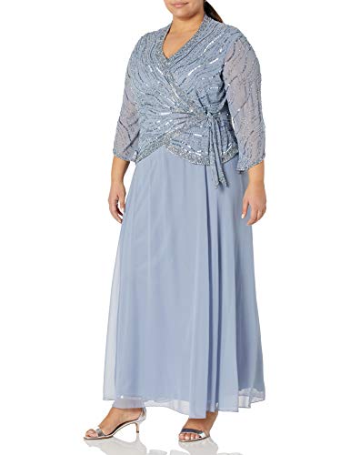 J Kara Women's Plus Size Long 3/4 Sleeve V-Neck Beaded Faux Wrap Dress, Dusty Blue/Blue/Silver, 20W
