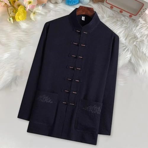 Camisa masculina com gola alta, estilo vintage chinês, cor lisa, solta, manga comprida, bolsos, tang