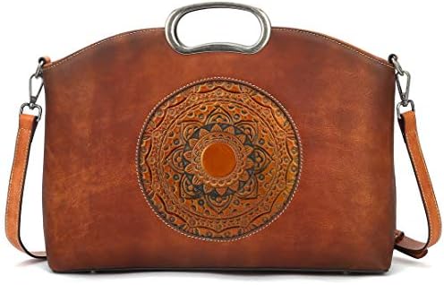 ah arctic hunter Genuine Leather Handbags for Women, Organizer Crossbody Bag Large Satchel Vintage Embossing Totem Shoulder Bag, Brown, 14.37*4.13*10.63inches