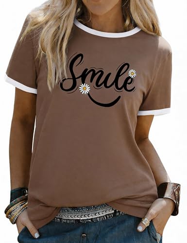 Aottori Camisetas Mujer Manga Corta Top Verano con Estampado Sonrisa Flor Margarita Cuello Redondo Blusa Casual Suelta Básica Marrón XXL