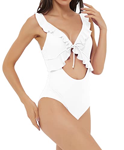 YgneeDom Damen Badeanzug mit Rüschen und Ausschnitt, Einteiler, V-Ausschnitt, Riemchen-Badeanzug, Elegantes Weiß, Medium Cover