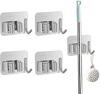 VonLux Mop Broom Gripper with Hook 2in1 [4 Pieces], Mop Broom Holder Stainless Steel Wall Hooks Self Adhesive Strong, Hanging Brushes Tools Storage Organizer in Kitchen Garden Garage Closet Bathroom