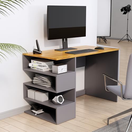 Image of Bniture Wooden Study Table for Home | Engineered Wood Study Table with Side Storage Shelf | Multi Purpose Computer Desk for Writing & Study | Laptop Table for Study Room | Slate Grey & Giant Wood