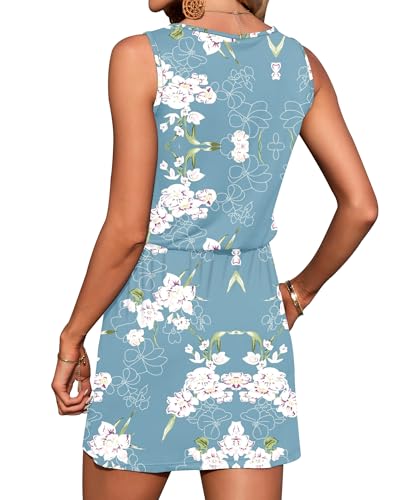 Image of AUSELILY Womens Summer Dress Casual Sleeveless Drawstring Short Dresses | Adjustable drawstring waist for a custom fit, plus 2 side pockets-perfect beach-to-street sundress