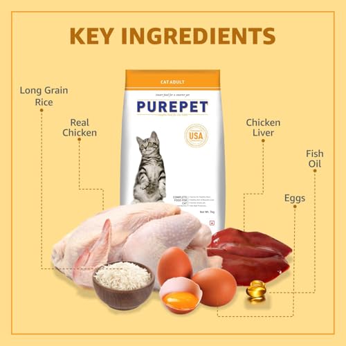 Purepet Adult Dry Cat Food 7kg | Real Chicken Flavour | Taurine for Healthy Heart | Healthy Skin & Beautiful Coat | Control Urinary pH | Hair Ball Protection