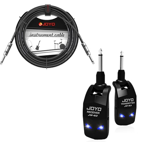Sistema inalámbrico para guitarra JOYO JW-03 de 2,4 GHz con 4 canales y cable de instrumento CM-04 de 15 pies para amplificador de bajo miniatura 1