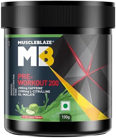 MuscleBlaze Pre Workout 200 (Green Apple, 16 Servings, 100g) | 200mg Caffeine, 2200mg Citrulline