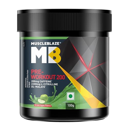 Image of MuscleBlaze Pre Workout 200 (Green Apple, 16 Servings, 100g) | 200mg Caffeine, 2200mg Citrulline