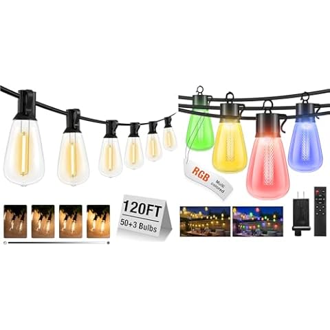 litogo 120FT RGB String Lights for Christmas Holiday Bundle 120FT Warm Patio Lights for Backyard Fence Tree Cover