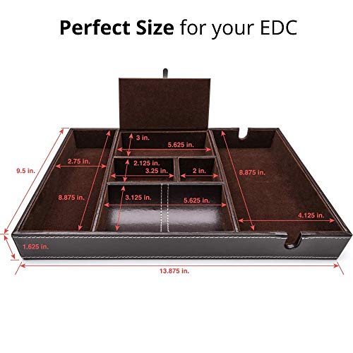 Nightstand Organizer, Valet Tray For Men And Women, Edc Tray Organizer, Dresser Top Organizer, Catchall Tray, Dark Brown Faux Leather, 6 Compartments #TOP3