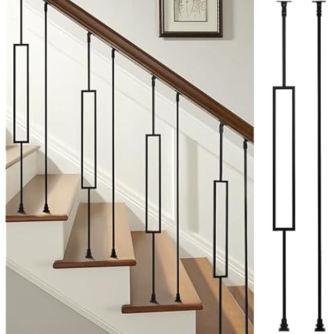 WICHEMI 32 Pack Wrought Iron Balusters, Hollow Stair Spindles 1/2" Deck Balusters for Staircase Interior Square Metal Stair Railing with 64 Baluster Fixed Swivel Shoes - 16 Square & 16 Straight Cover