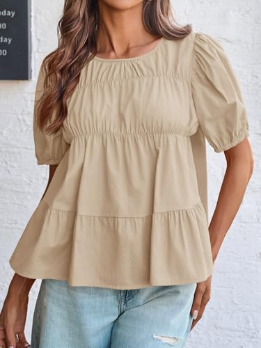 Image of Tankaneo Womens Puff Sleeve Peplum Babydoll Tops Summer Flowy Pleated Cotton T-Shirts Casual Loose Fit Cute Blouse